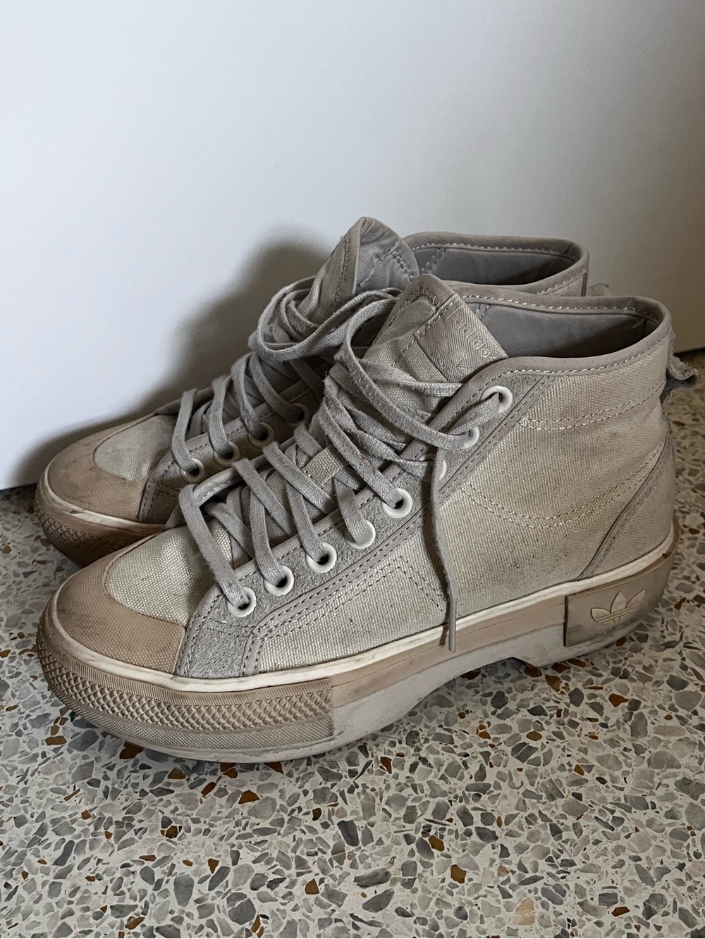 adidas Tan Canvas High-Top Platform Sneakers
